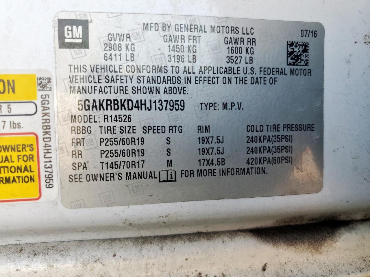 2017 Buick Enclave VIN: 5GAKRBKD4HJ137959 Lot: 70227025