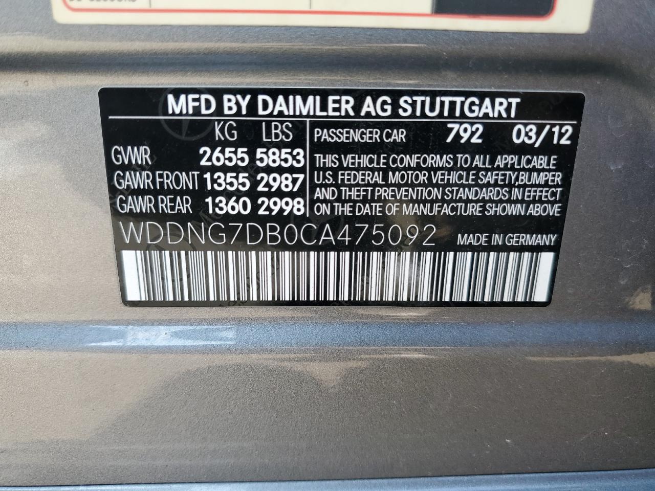 2012 Mercedes-Benz S 550 VIN: WDDNG7DB0CA475092 Lot: 68832495