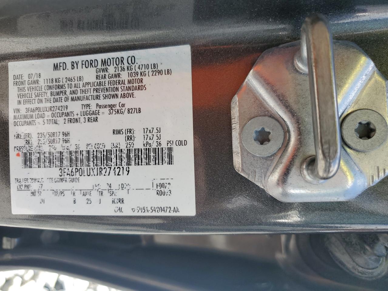 2018 Ford Fusion Se Hybrid VIN: 3FA6P0LUXJR274219 Lot: 65732735