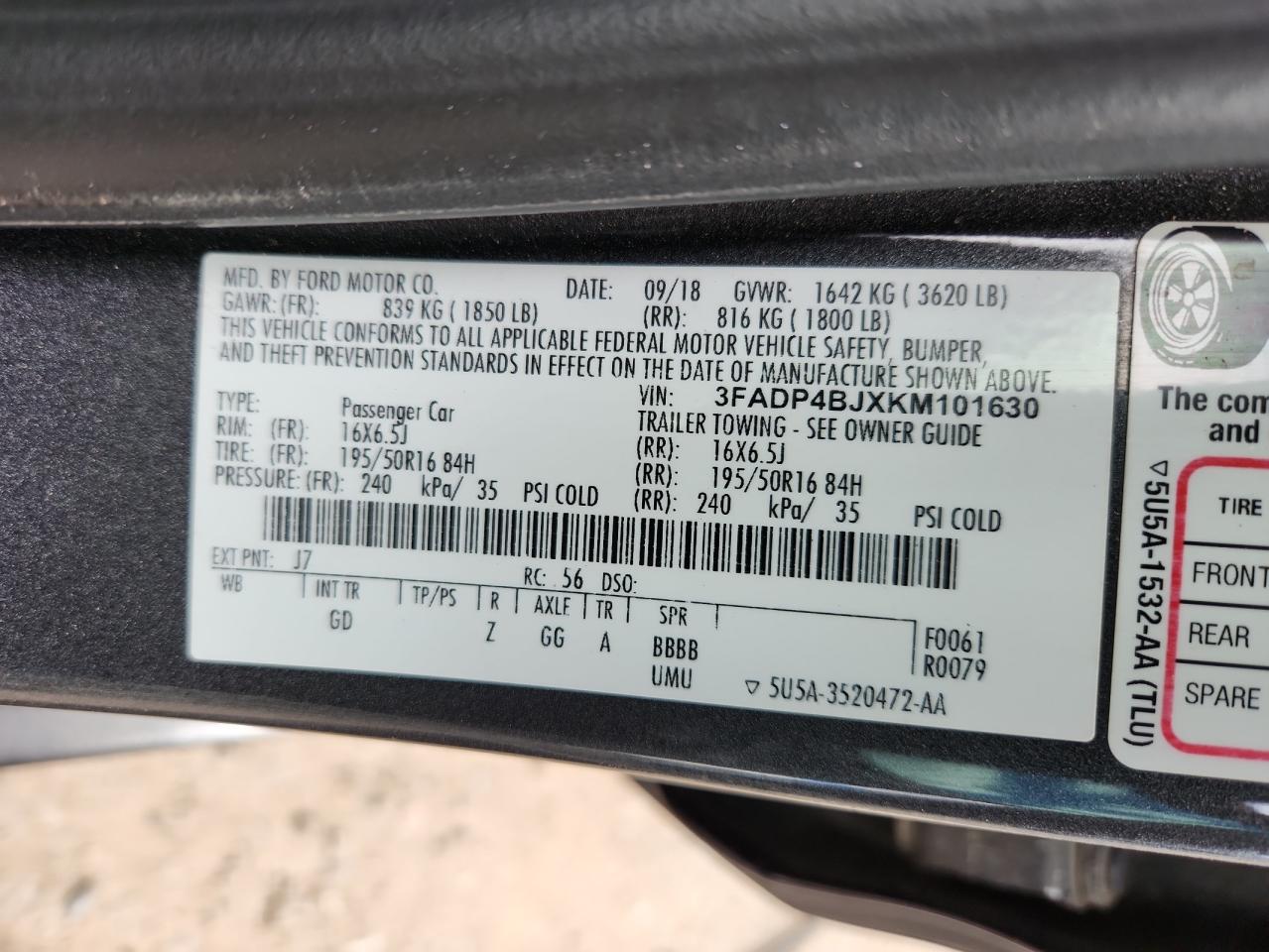 2019 Ford Fiesta Se VIN: 3FADP4BJXKM101630 Lot: 70902005