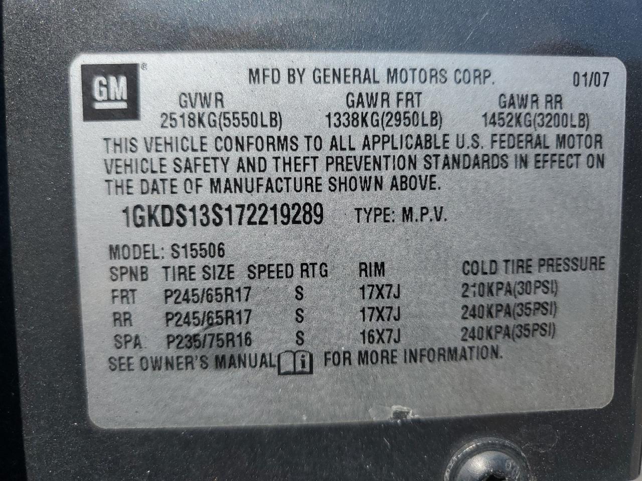 2007 GMC Envoy VIN: 1GKDS13S172219289 Lot: 68514165
