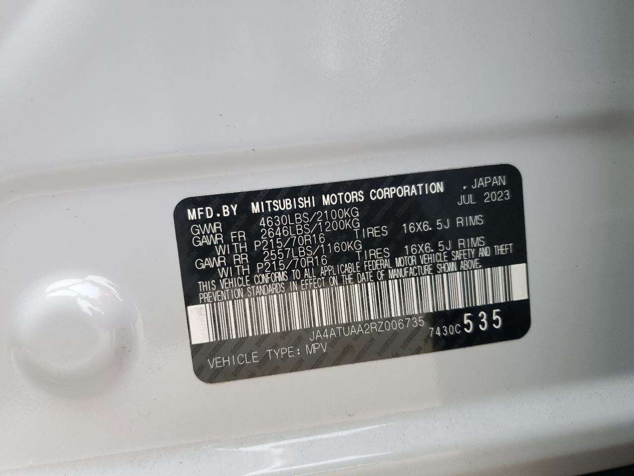 2024 Mitsubishi Eclipse Cross Es VIN: JA4ATUAA2RZ006735 Lot: 68901355