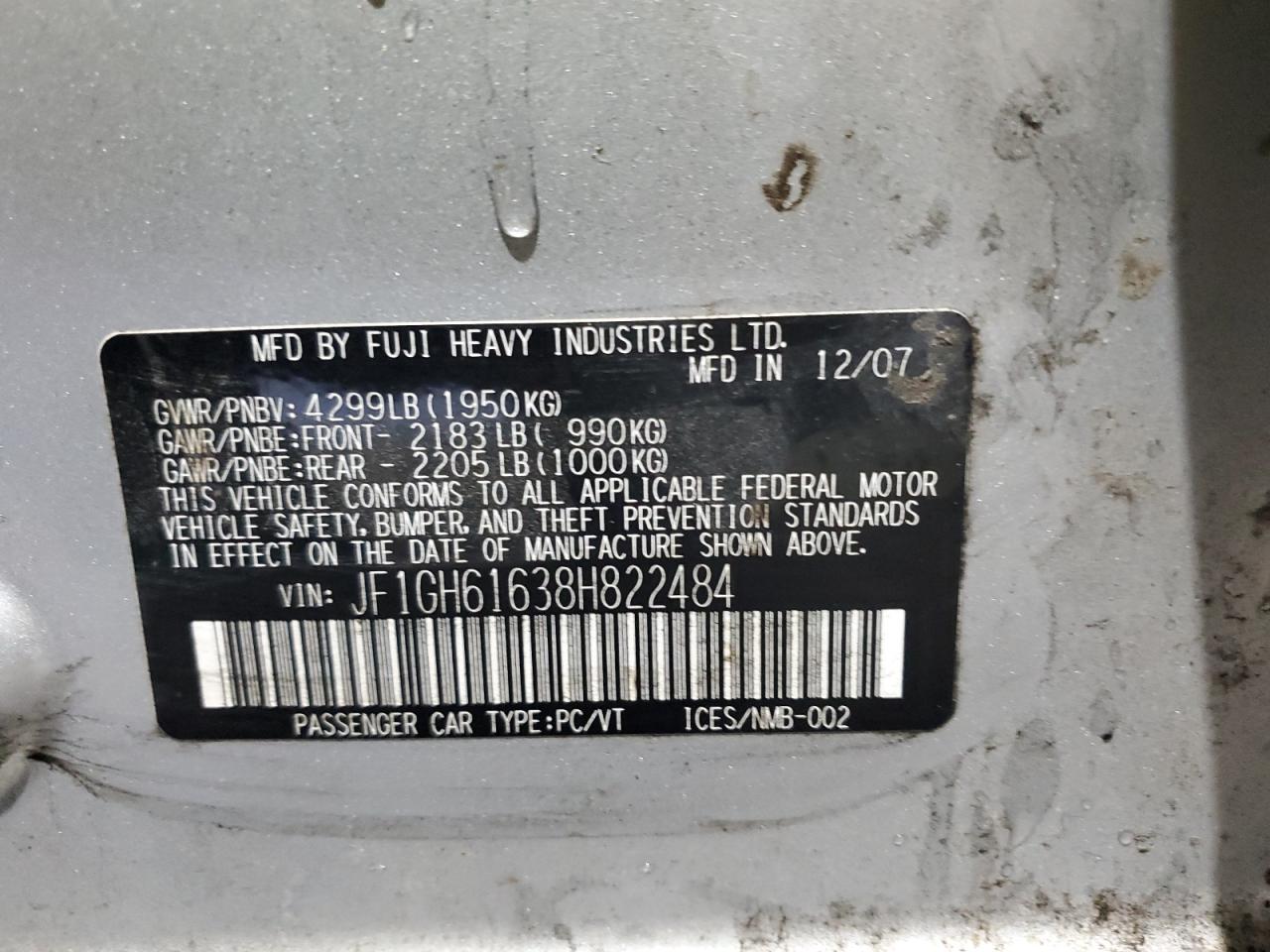 2008 Subaru Impreza 2.5I VIN: JF1GH61638H822484 Lot: 68860925