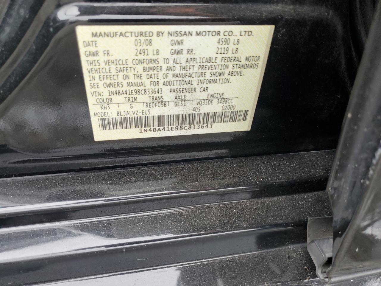 2008 Nissan Maxima Se VIN: 1N4BA41E98C833643 Lot: 70216425