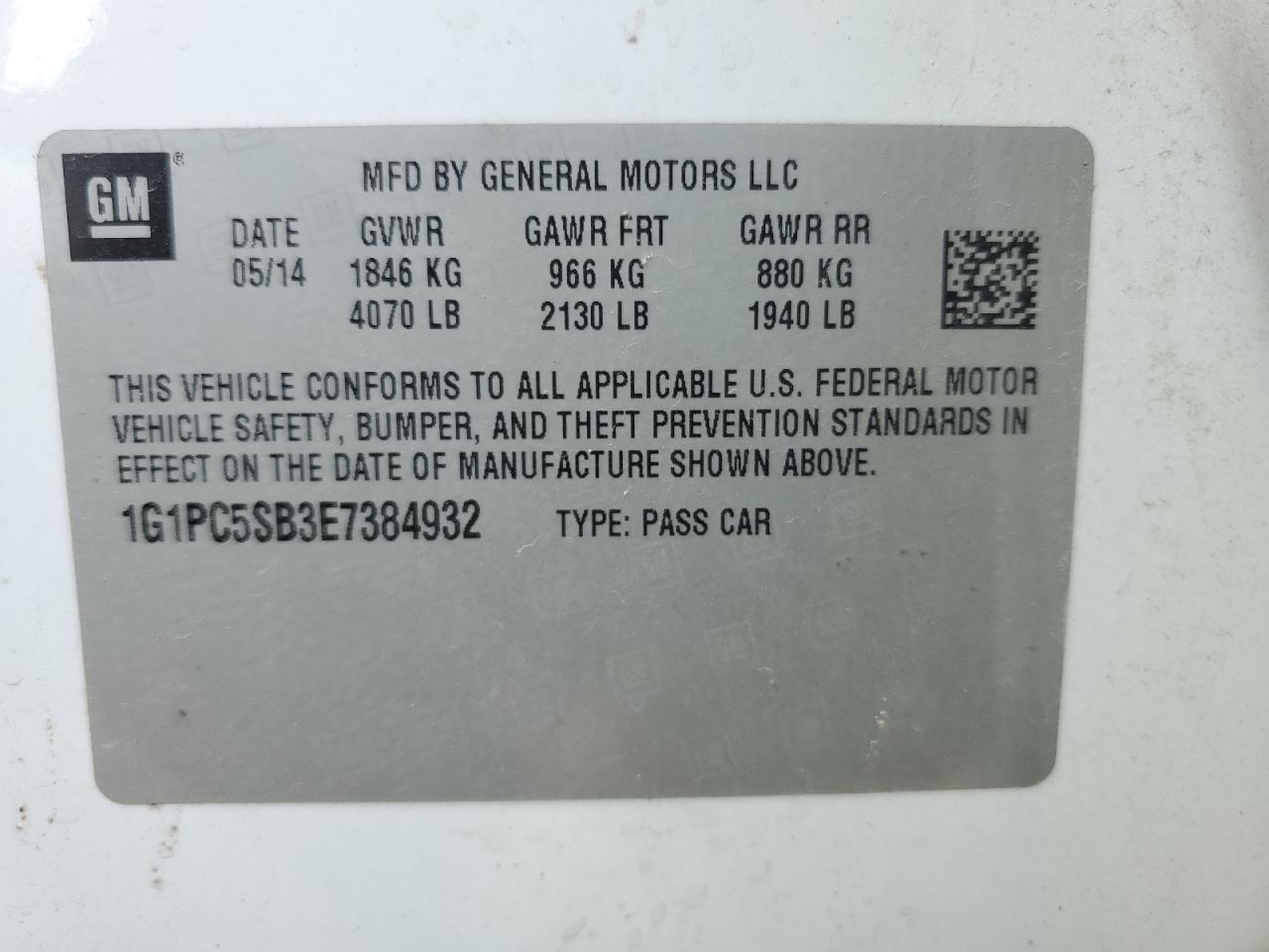 2014 Chevrolet Cruze Lt VIN: 1G1PC5SB3E7384932 Lot: 67986515
