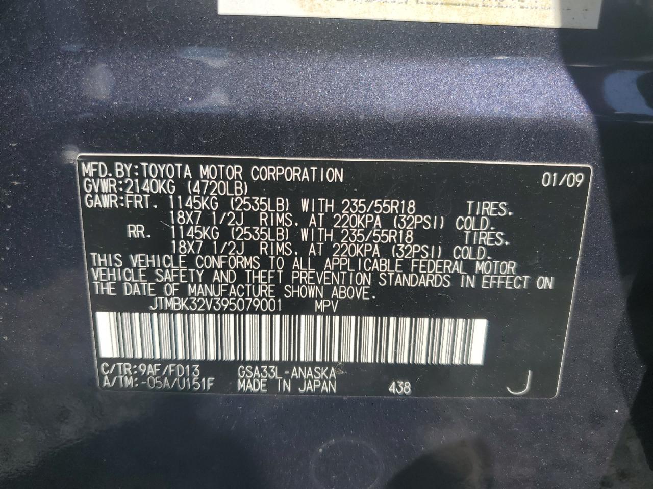 2009 Toyota Rav4 Sport VIN: JTMBK32V395079001 Lot: 68967025