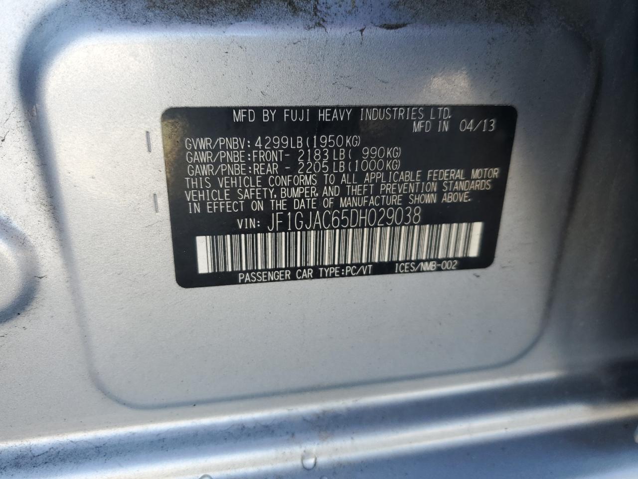 2013 Subaru Impreza Premium VIN: JF1GJAC65DH029038 Lot: 70209665