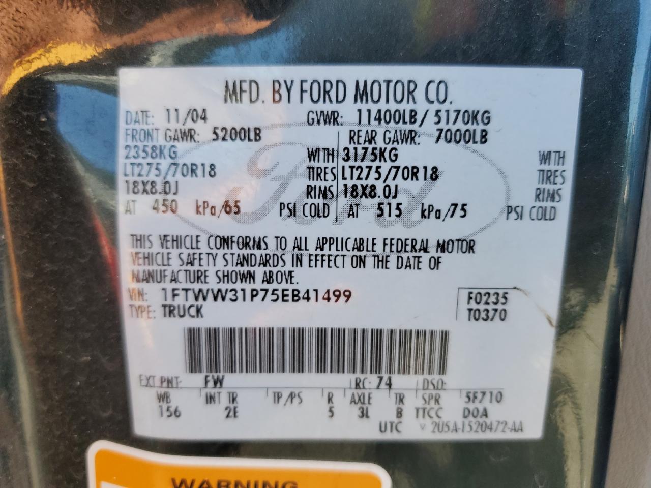 2005 Ford F350 Srw Super Duty VIN: 1FTWW31P75EB41499 Lot: 67933665