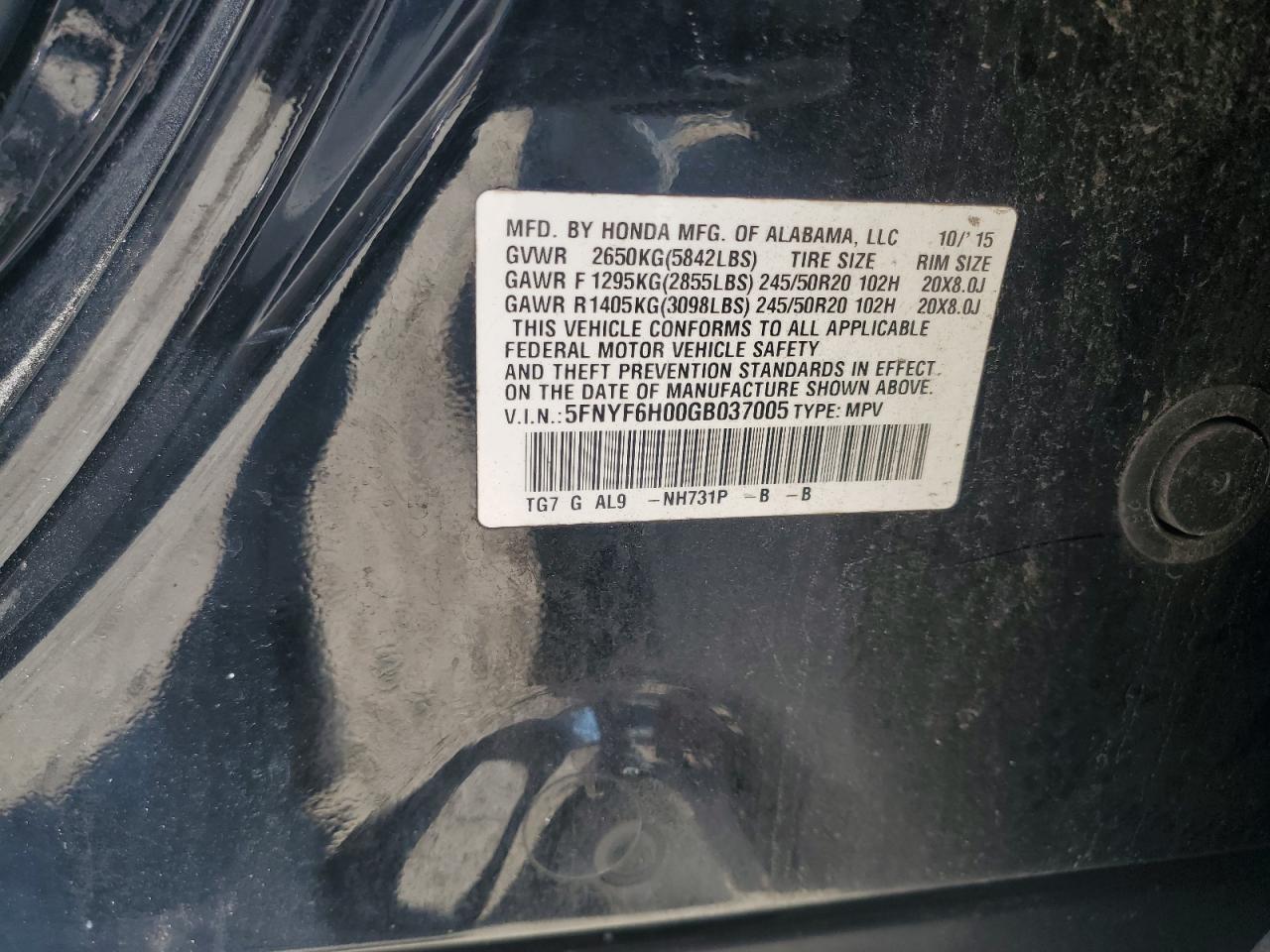 2016 Honda Pilot Elite VIN: 5FNYF6H00GB037005 Lot: 69608935