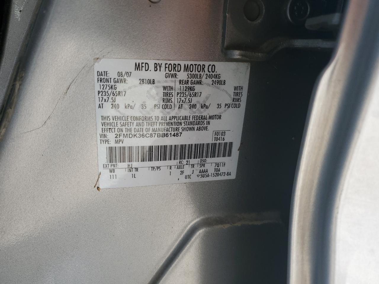 2007 Ford Edge Se VIN: 2FMDK36C87BB61487 Lot: 69549275