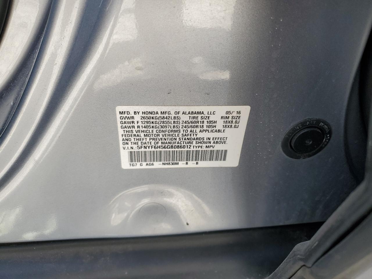 2016 Honda Pilot Exl VIN: 5FNYF6H56GB086012 Lot: 67062285