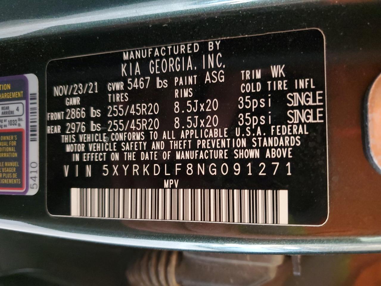 2022 Kia Sorento Sx VIN: 5XYRKDLF8NG091271 Lot: 69571465