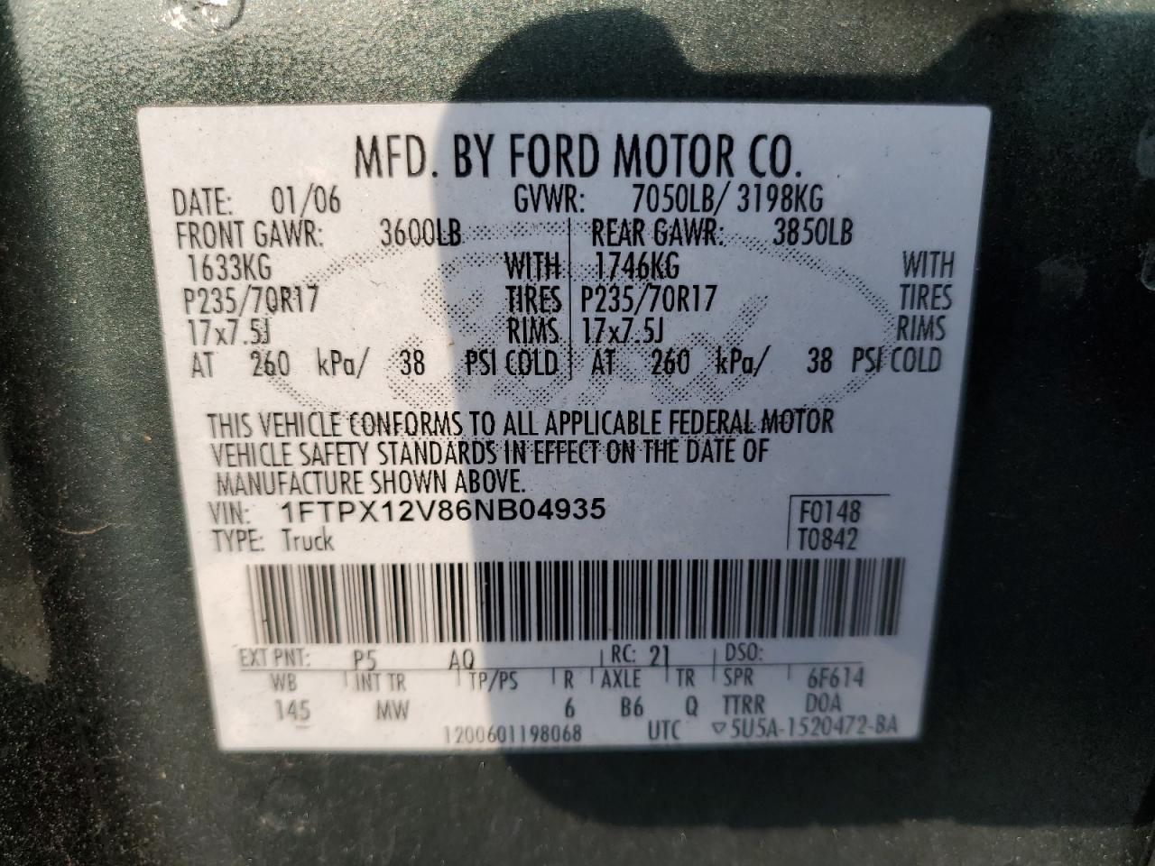 2006 Ford F150 VIN: 1FTPX12V86NB04935 Lot: 69751165