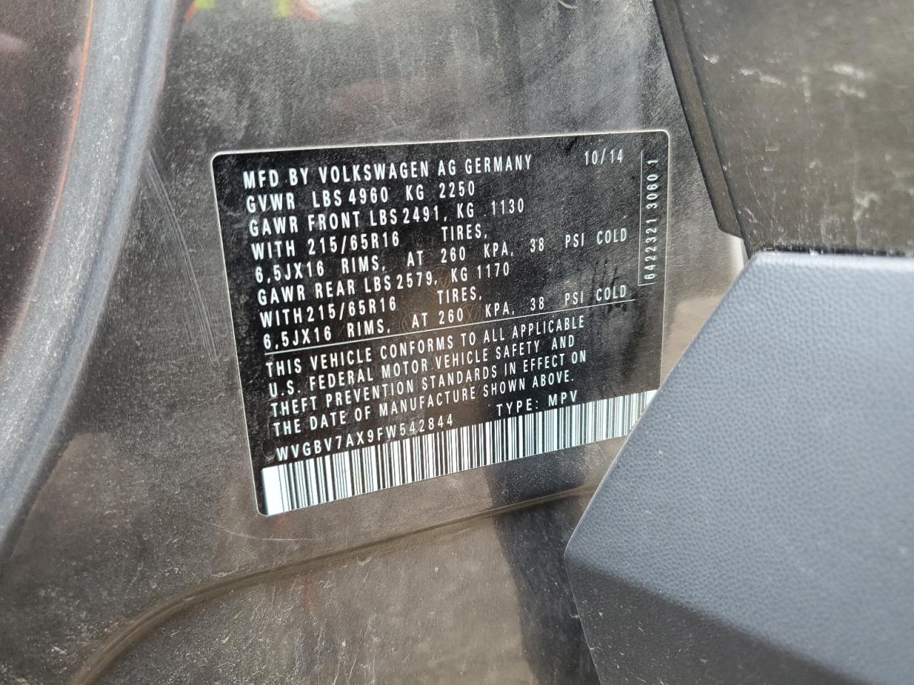 2015 Volkswagen Tiguan S VIN: WVGBV7AX9FW542844 Lot: 69517705