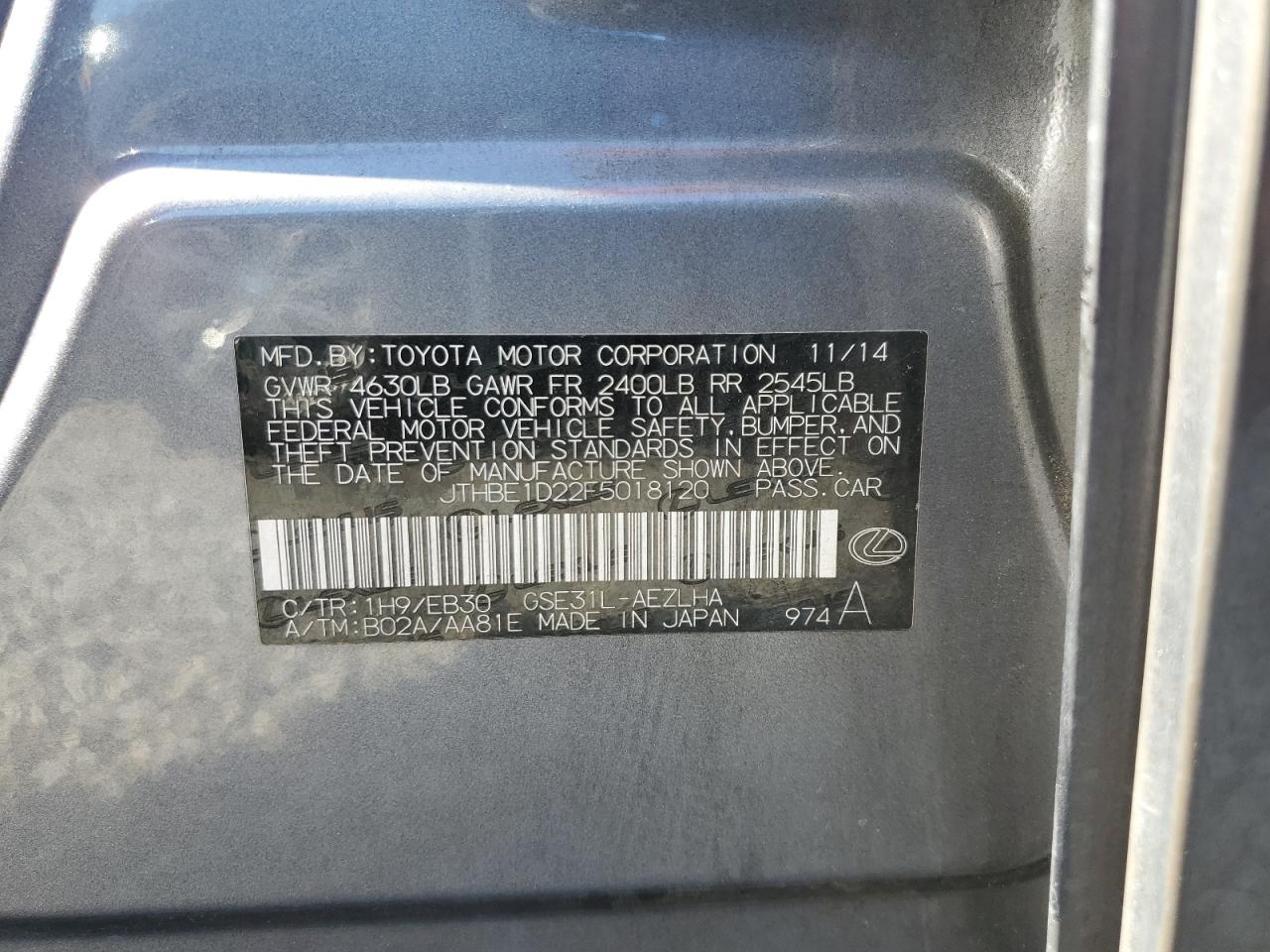 2015 Lexus Is 350 VIN: JTHBE1D22F5018120 Lot: 69189845