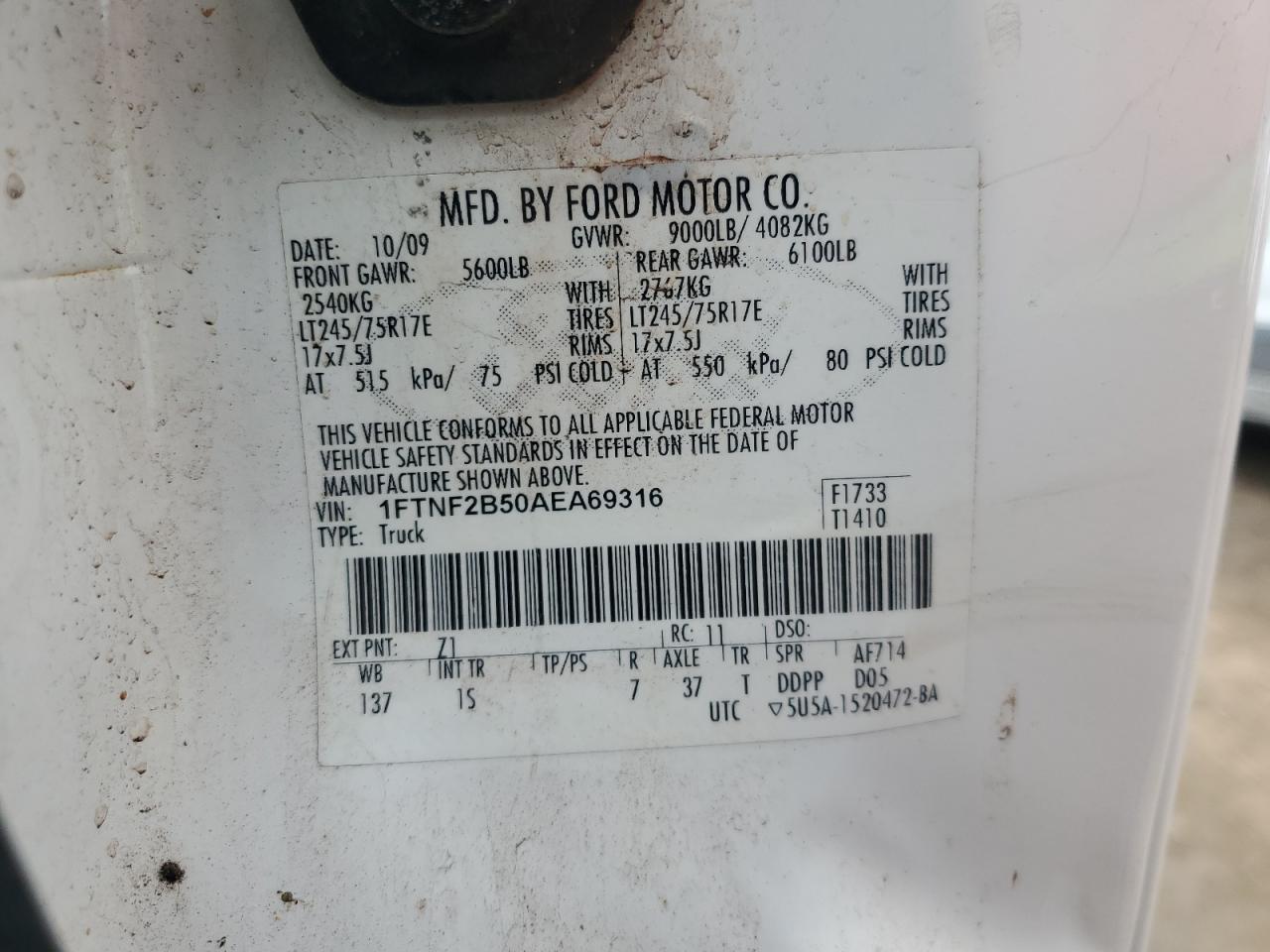 2010 Ford F250 Super Duty VIN: 1FTNF2B50AEA69316 Lot: 66504165