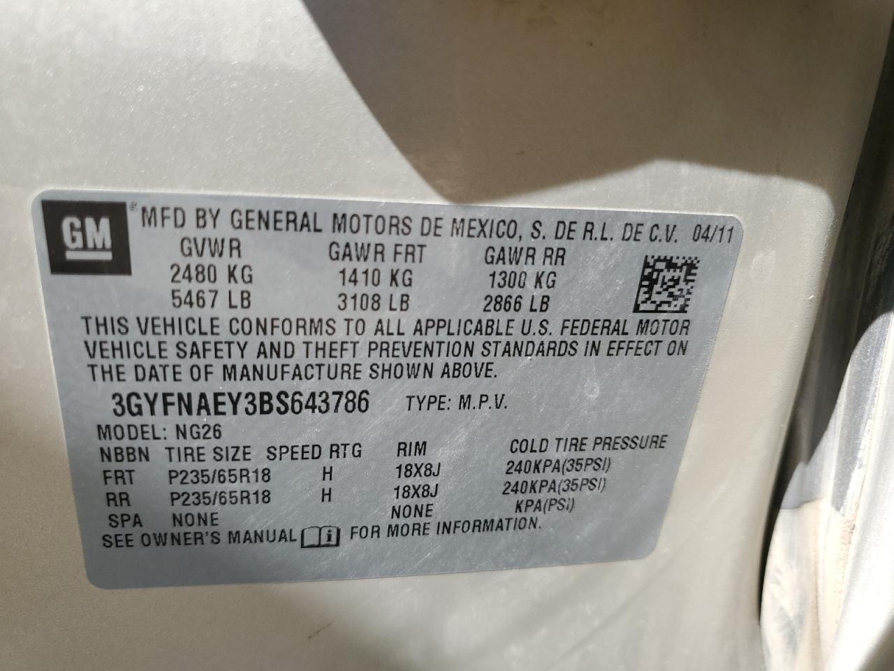 2011 Cadillac Srx Luxury Collection VIN: 3GYFNAEY3BS643786 Lot: 69625415