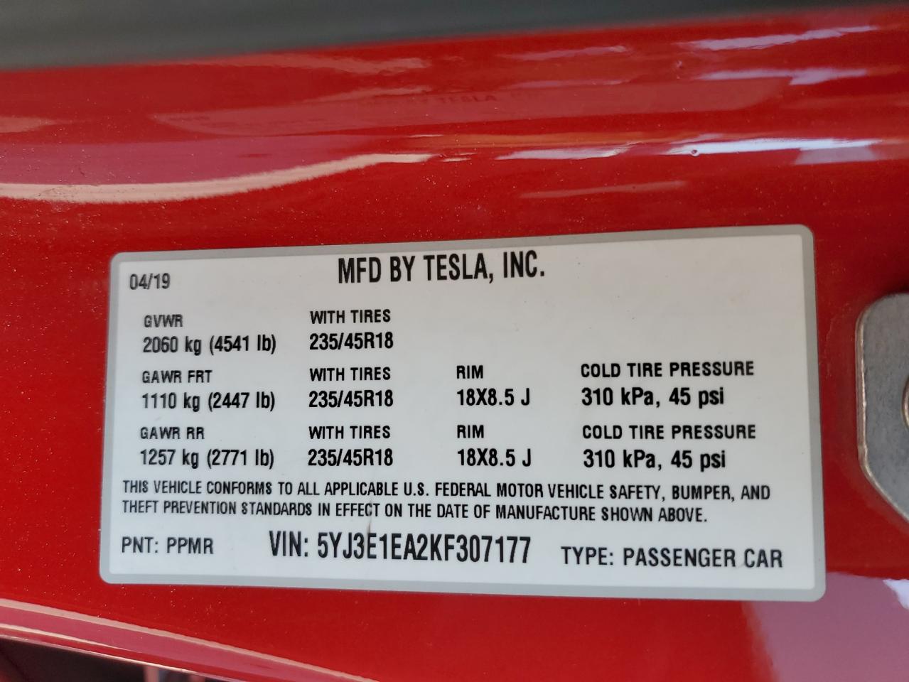 2019 Tesla Model 3 VIN: 5YJ3E1EA2KF307177 Lot: 68320875