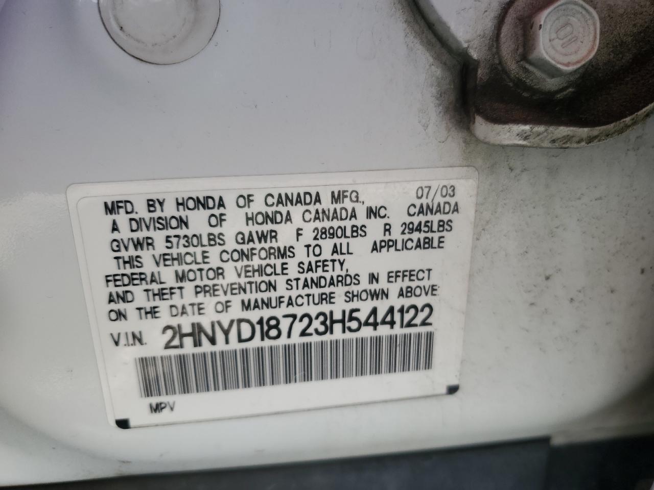 2003 Acura Mdx Touring VIN: 2HNYD18723H544122 Lot: 68455105