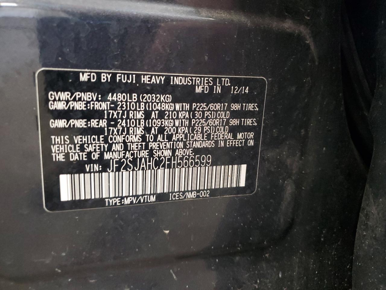 2015 Subaru Forester 2.5I Limited VIN: JF2SJAHC2FH566599 Lot: 70939585