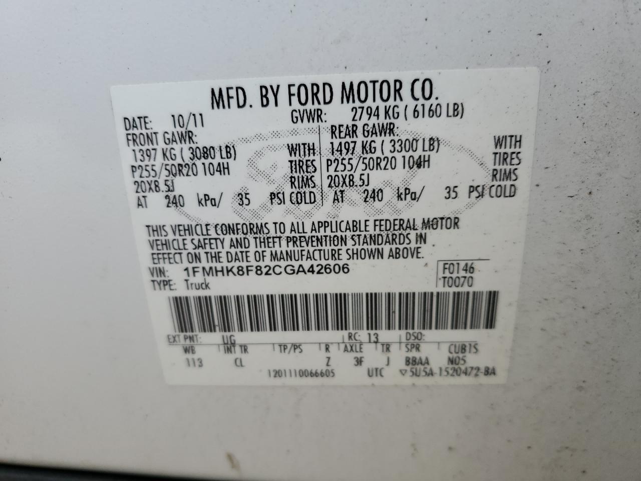 2012 Ford Explorer Limited VIN: 1FMHK8F82CGA42606 Lot: 67565055