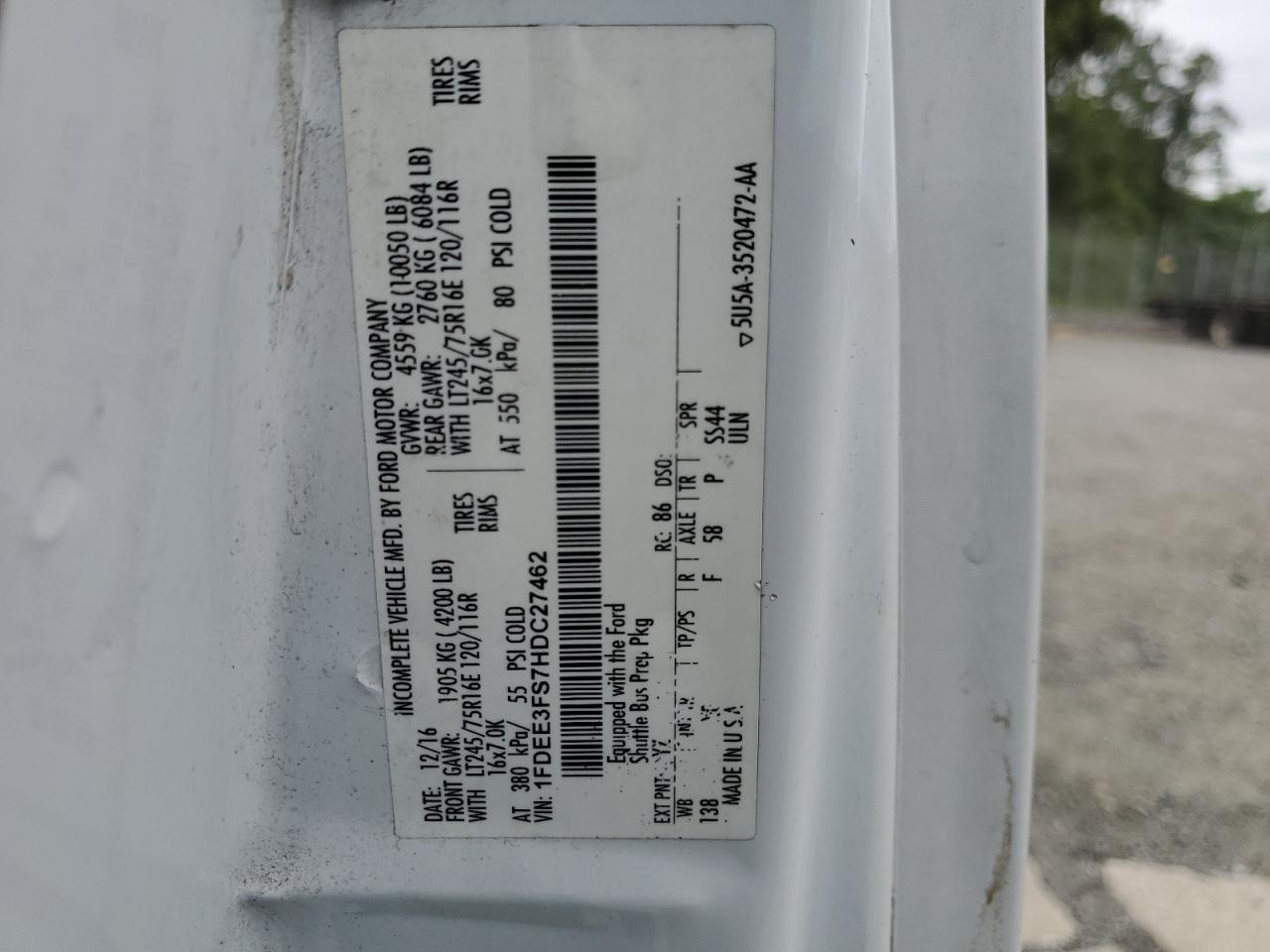 2017 Ford Econoline E350 Super Duty Cutaway Van VIN: 1FDEE3FS7HDC27462 Lot: 69206315