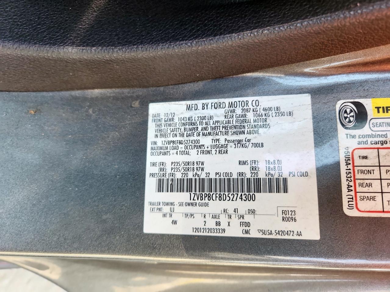 2013 Ford Mustang Gt VIN: 1ZVBP8CF8D5274300 Lot: 70413255