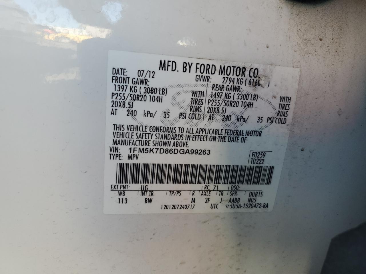 2013 Ford Explorer Xlt VIN: 1FM5K7D86DGA99263 Lot: 69253085