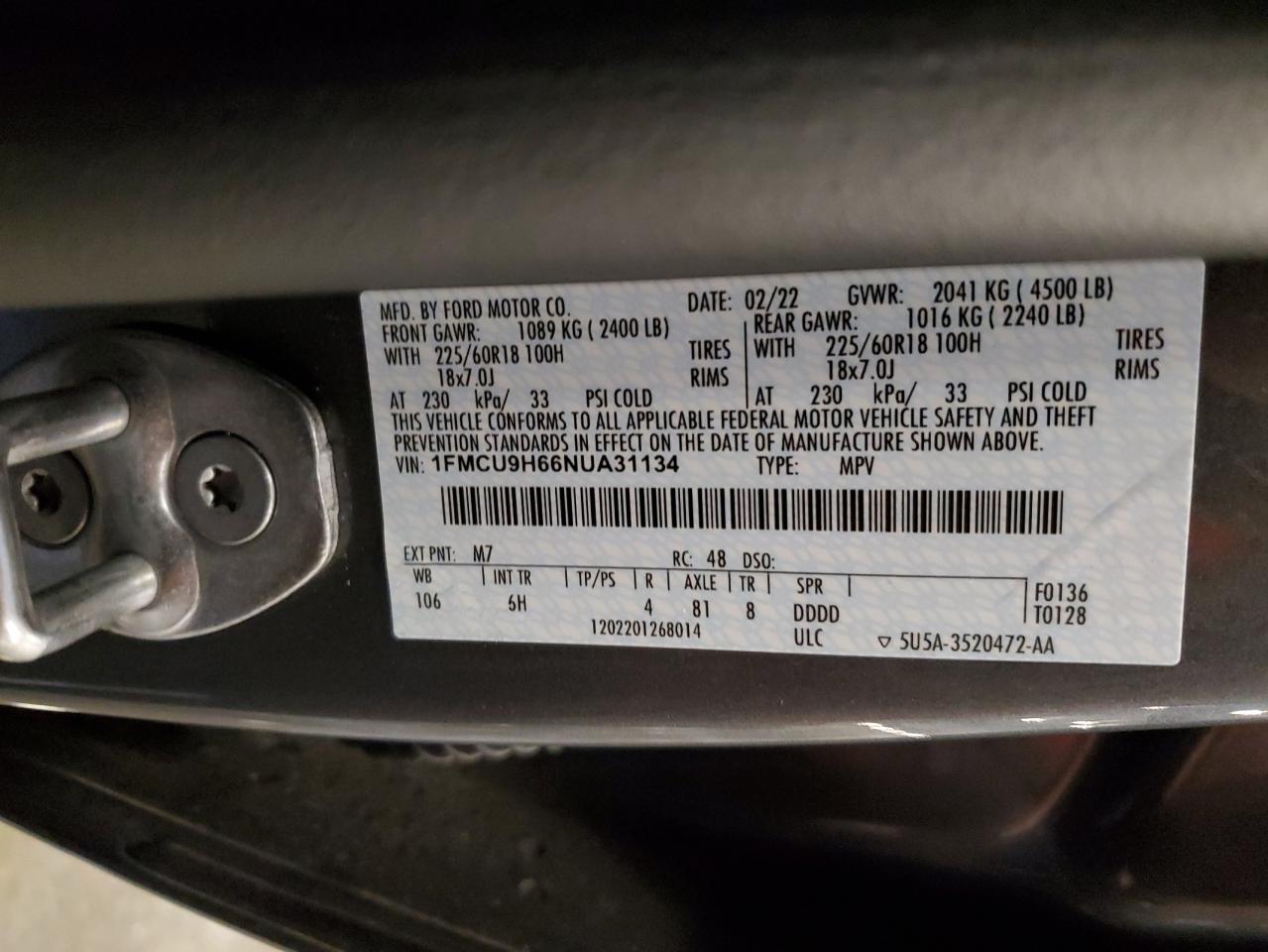 2022 Ford Escape Sel VIN: 1FMCU9H66NUA31134 Lot: 69285865