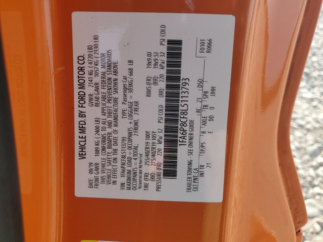 2020 Ford Mustang Gt VIN: 1FA6P8CF8L5113793 Lot: 67897905