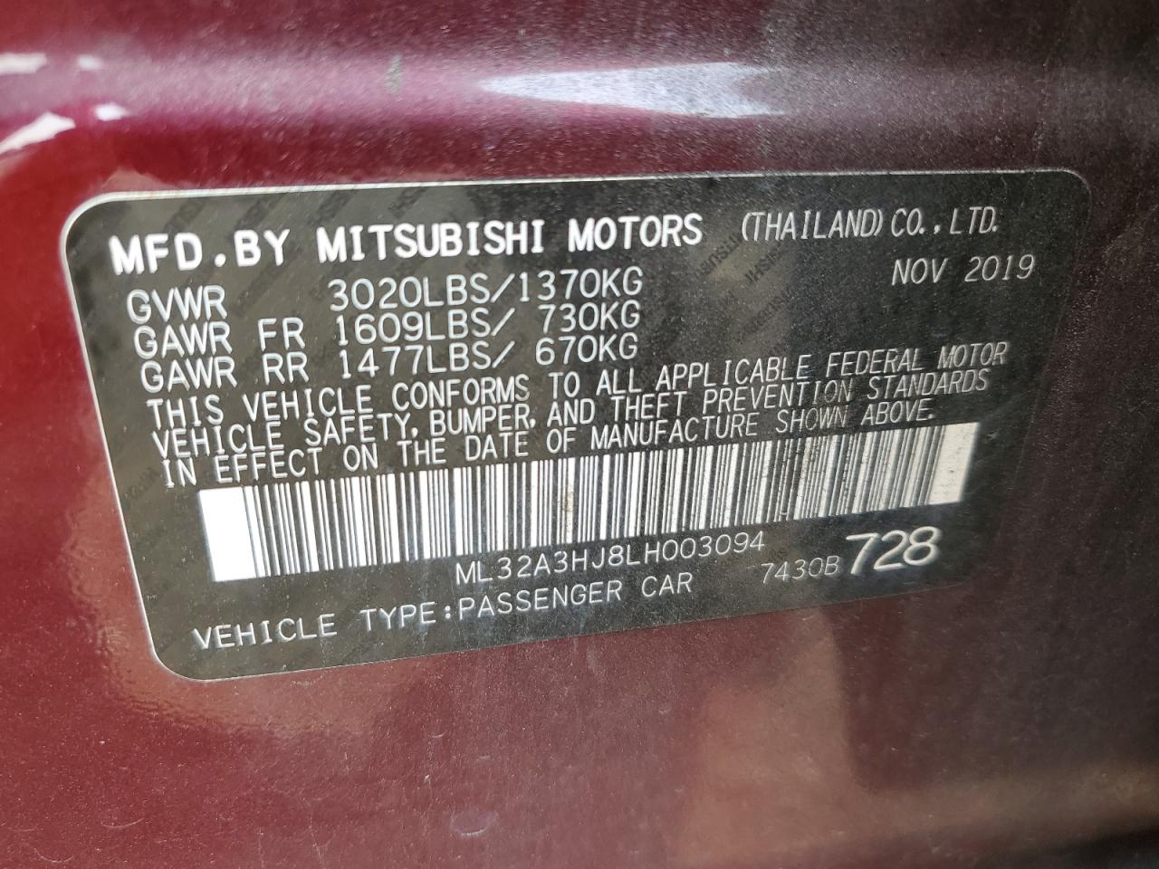 2020 Mitsubishi Mirage Es VIN: ML32A3HJ8LH003094 Lot: 67584095