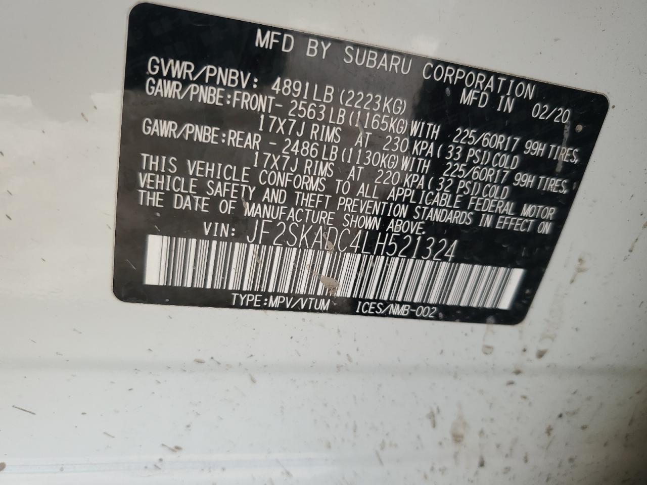 2020 Subaru Forester VIN: JF2SKADC4LH521324 Lot: 68069235