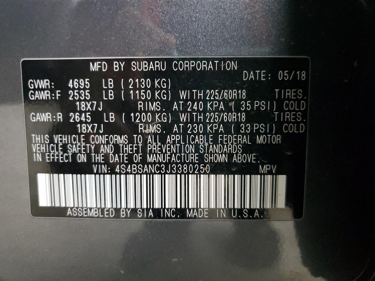 2018 Subaru Outback 2.5I Limited VIN: 4S4BSANC3J3380250 Lot: 67641675