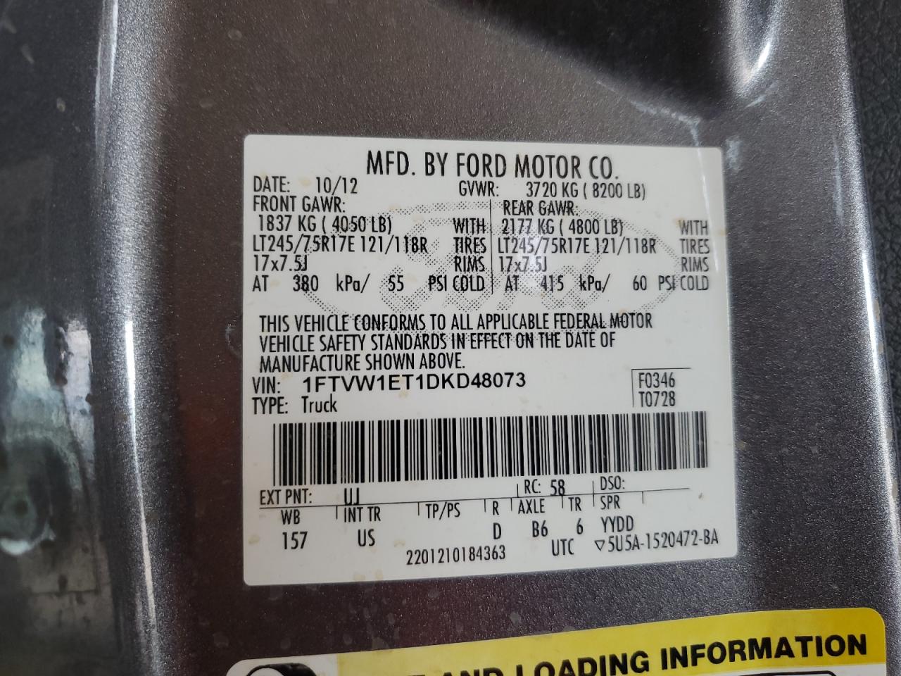 2013 Ford F150 Supercrew VIN: 1FTVW1ET1DKD48073 Lot: 70266285