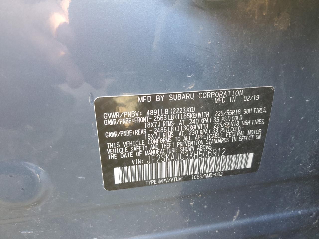 2019 Subaru Forester Limited VIN: JF2SKAUC3KH506912 Lot: 70335125