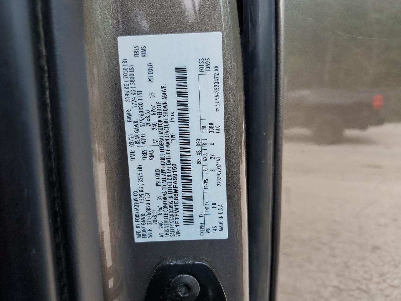 2021 Ford F150 Supercrew VIN: 1FTFW1E86MFA99150 Lot: 66606135