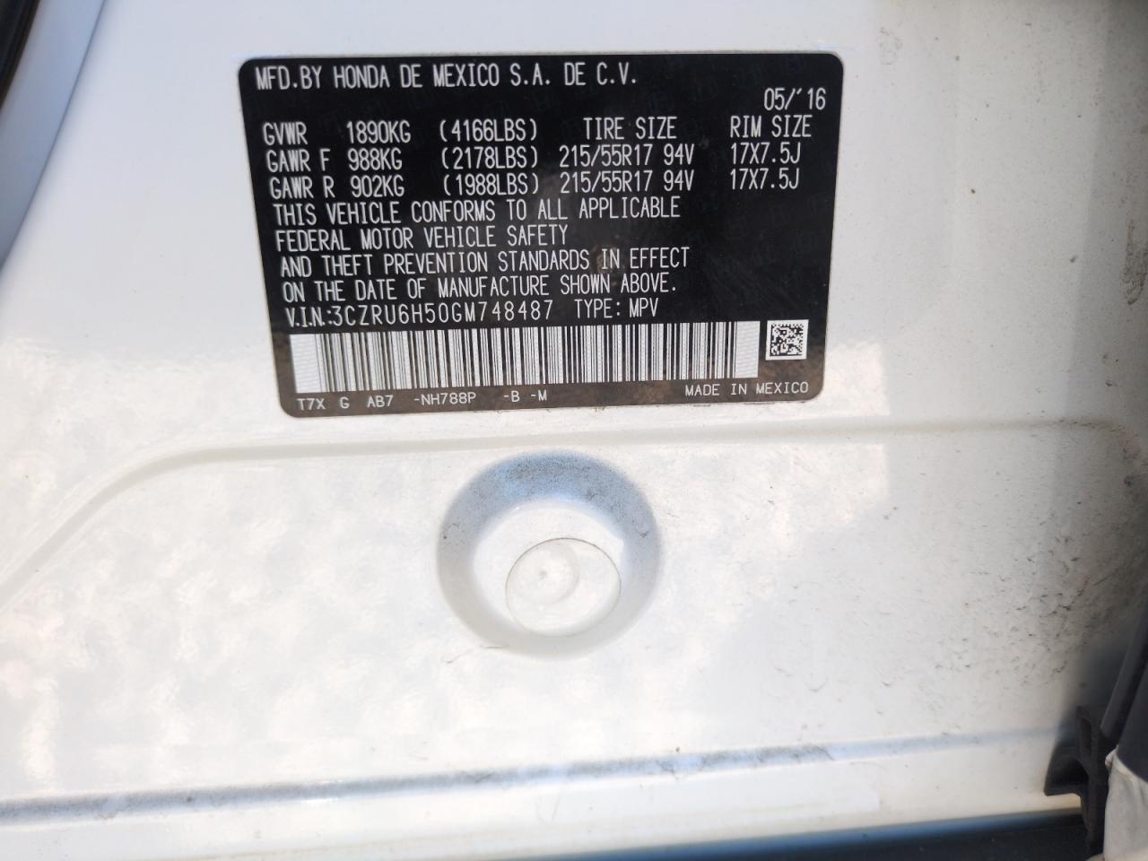 2016 Honda Hr-V Ex VIN: 3CZRU6H50GM748487 Lot: 69581375