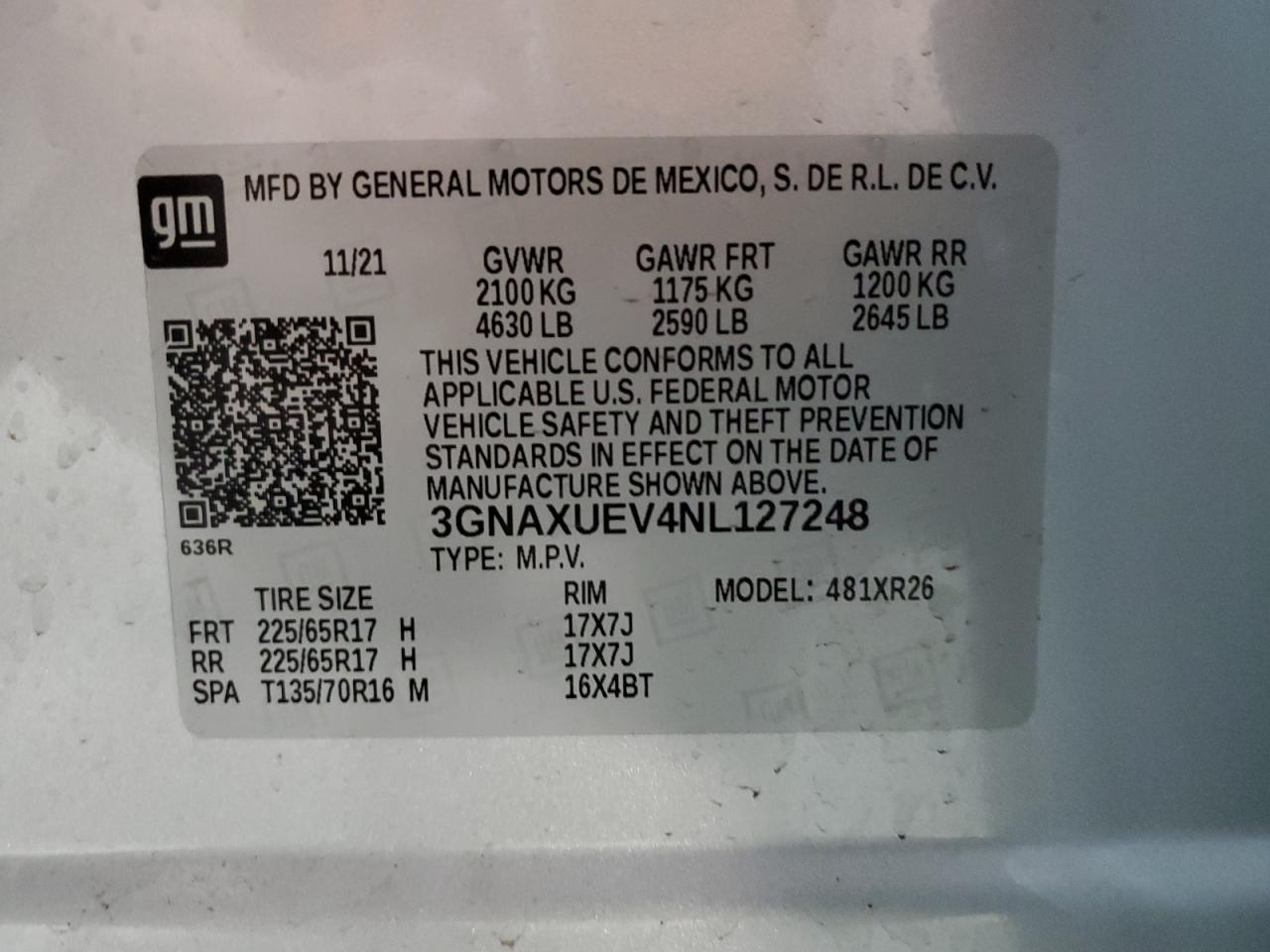 2022 Chevrolet Equinox Lt VIN: 3GNAXUEV4NL127248 Lot: 70448745