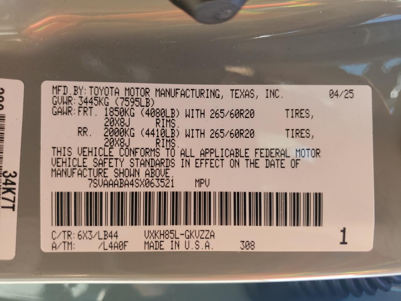 2025 Toyota Sequoia Sr5 VIN: 7SVAAABA4SX063521 Lot: 70890425