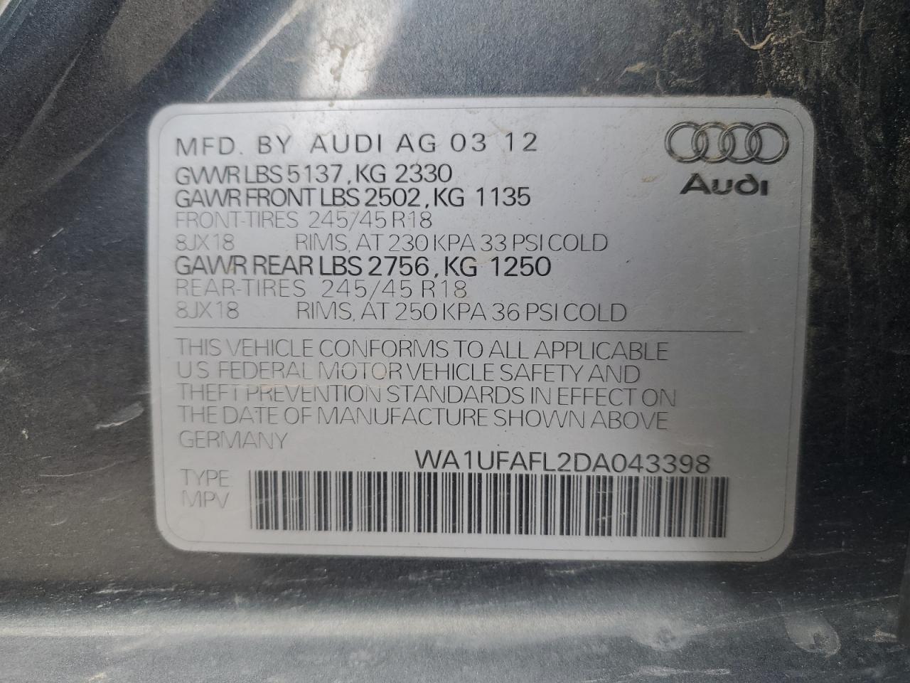 2013 Audi A4 Allroad Premium Plus VIN: WA1UFAFL2DA043398 Lot: 67872415