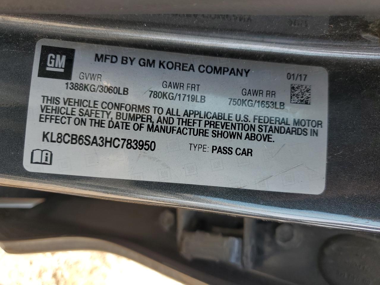 2017 Chevrolet Spark Ls VIN: KL8CB6SA3HC783950 Lot: 67962365