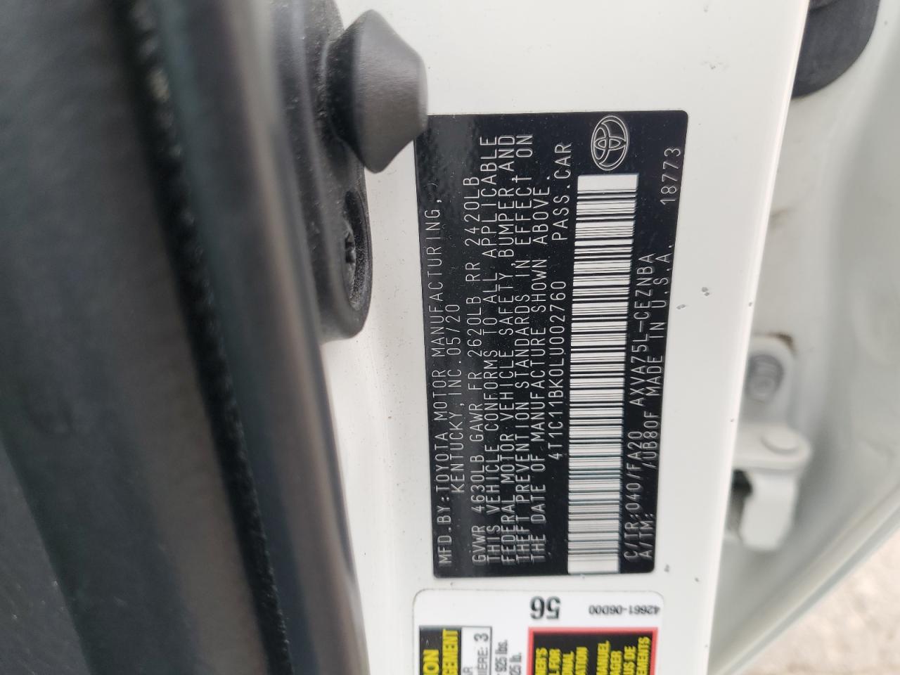 2020 Toyota Camry Le VIN: 4T1C11BK0LU002760 Lot: 70578435