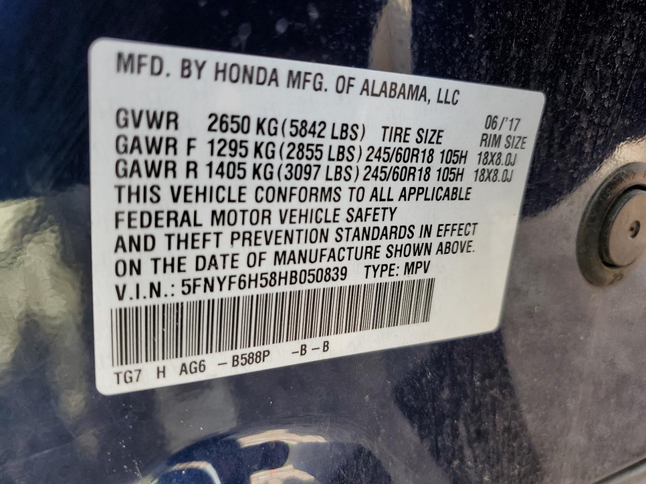 2017 Honda Pilot Exl VIN: 5FNYF6H58HB050839 Lot: 69585725