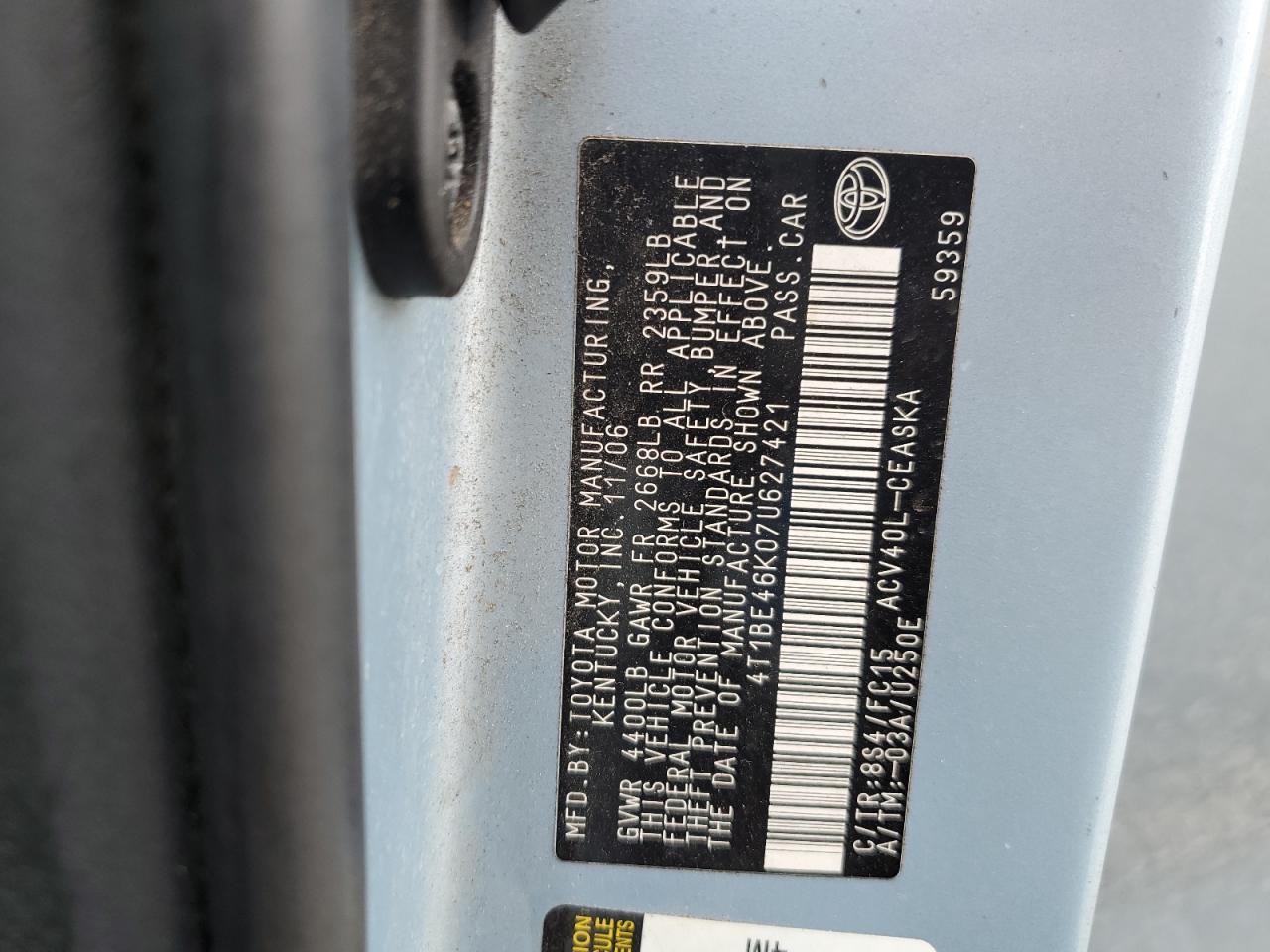 2007 Toyota Camry Ce VIN: 4T1BE46K07U627421 Lot: 69939515