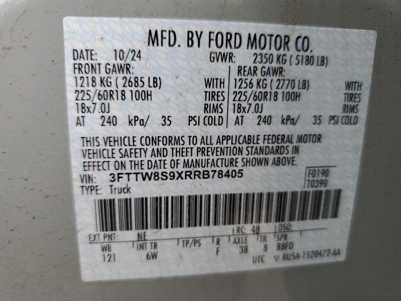 2024 Ford Maverick Lariat VIN: 3FTTW8S9XRRB78405 Lot: 69432345