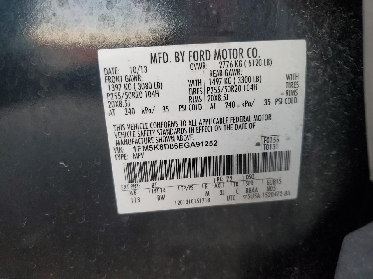 2014 Ford Explorer Xlt VIN: 1FM5K8D86EGA91252 Lot: 68451025