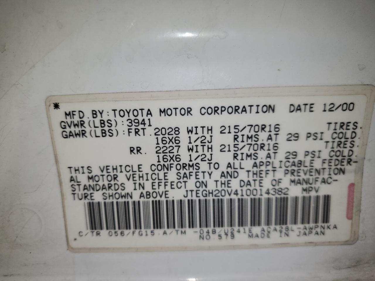 2001 Toyota Rav4 VIN: JTEGH20V410014382 Lot: 70071645