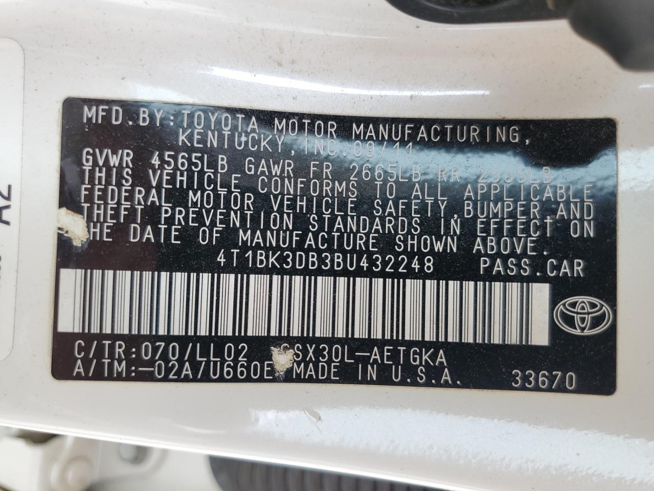 2011 Toyota Avalon Base VIN: 4T1BK3DB3BU432248 Lot: 71408025