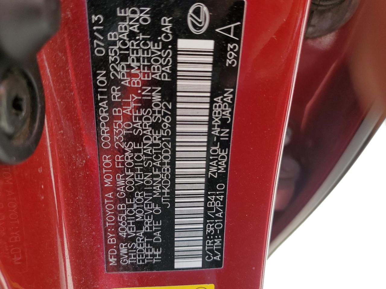 2013 Lexus Ct 200 VIN: JTHKD5BH0D2159672 Lot: 70657835