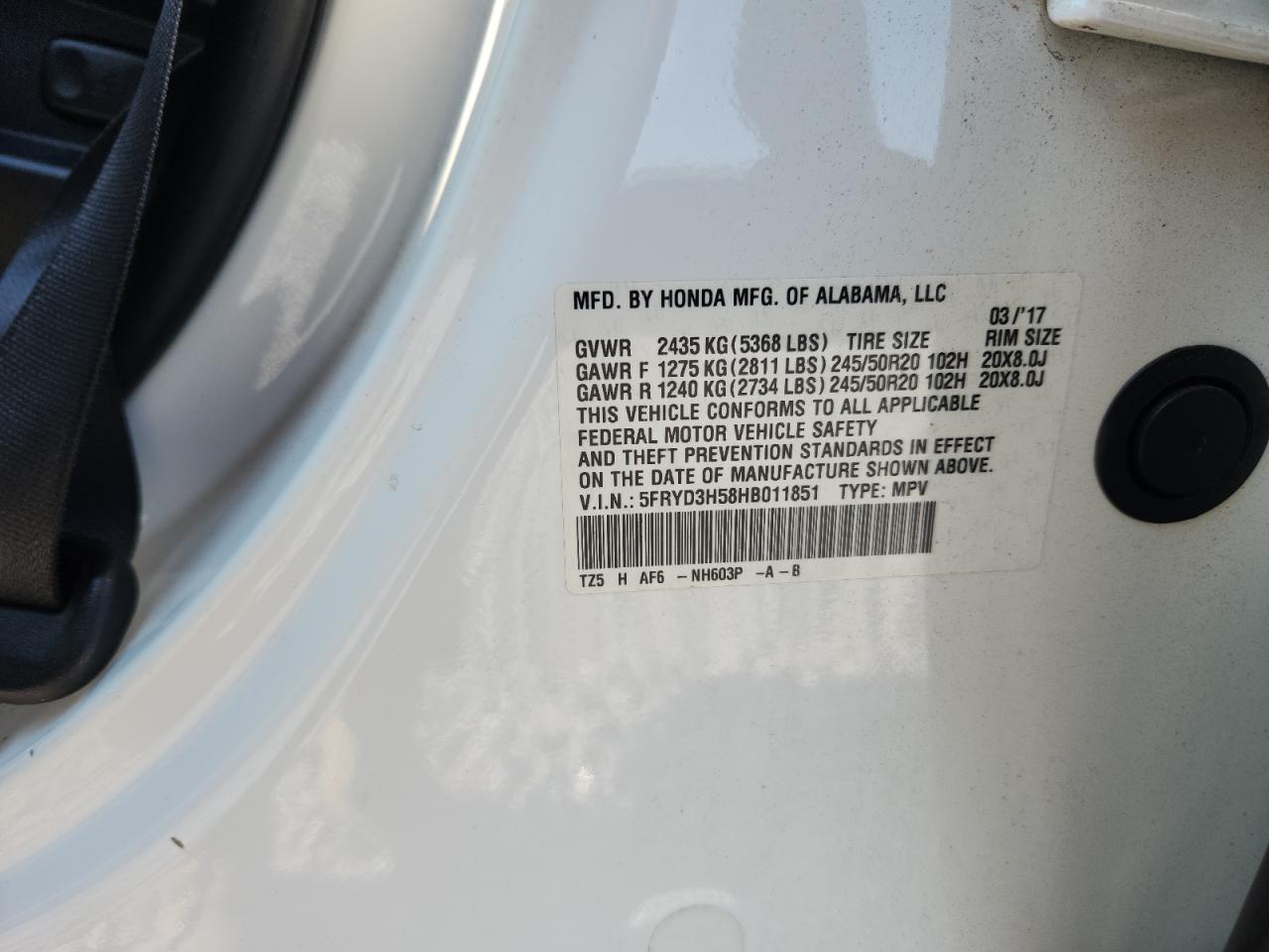 2017 Acura Mdx Technology VIN: 5FRYD3H58HB011851 Lot: 68439015